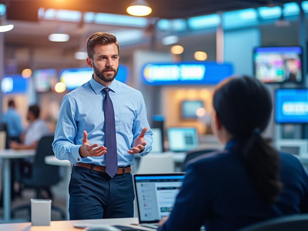 Professional man in a blue shirt discussing with a colleague in a modern office environment. Professional man in a blue shirt discussing with a colleague in a modern office environment.