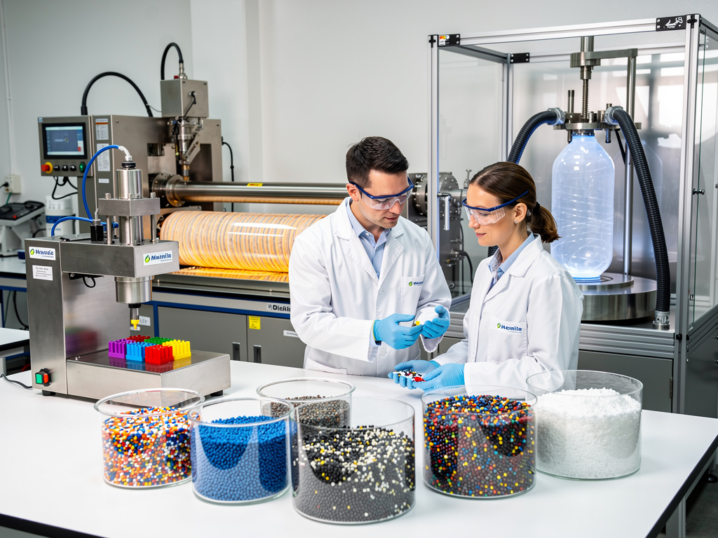 Científicos en laboratorio analizando pellets de plástico reciclado con maquinaria industrial