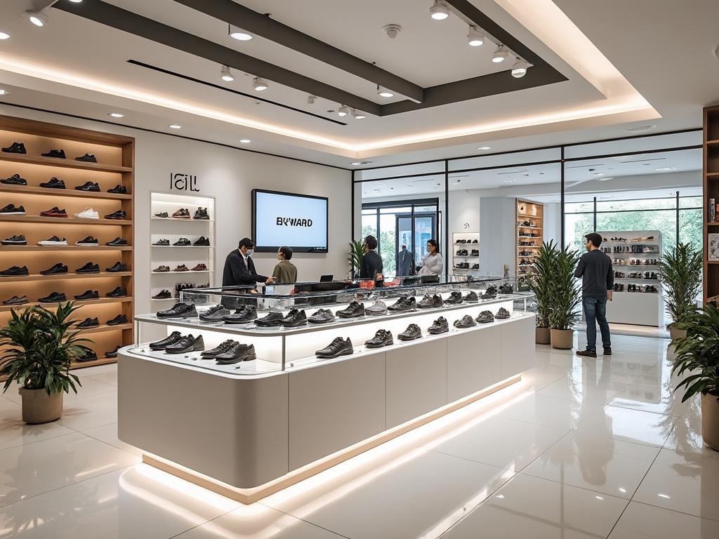 Tienda moderna de calzado con diseño elegante, estantes llenos de zapatos, clientes explorando y planta decorativa.