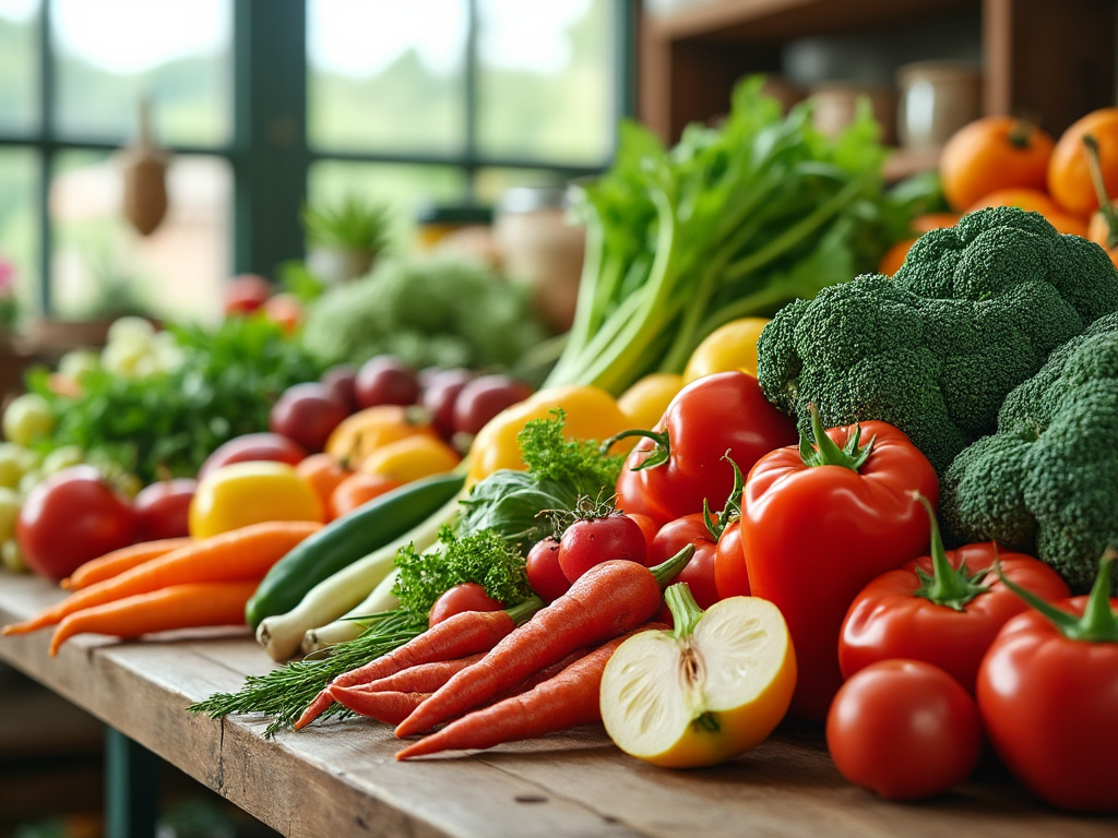 Variedad de verduras frescas en una mesa de cocina, incluyendo brócoli, zanahorias, tomates, pimientos rojos y limones, con luz natural entrando por una ventana.