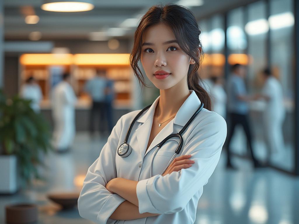 Confident female doctor with stethoscope standing in hospital corridor.