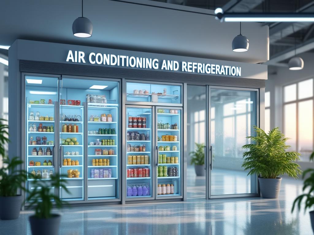 Vitrinas refrigeradas con alimentos y bebidas en un moderno local de aire acondicionado y refrigeración, con plantas decorativas.