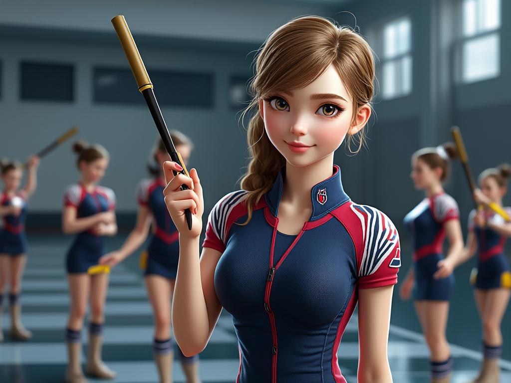 Animated female athlete holding a baton in a sports training facility, wearing a blue and red athletic uniform, with teammates in the background.