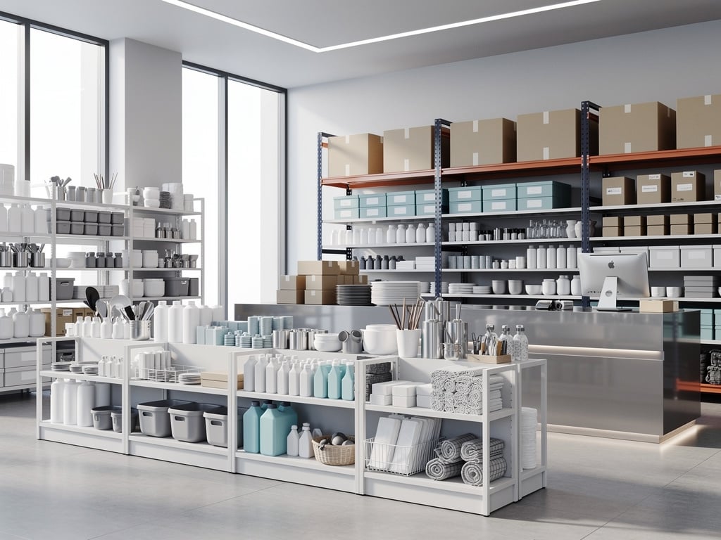 Tienda moderna de artículos para el hogar con estanterías, cajas, botellas y utensilios organizados