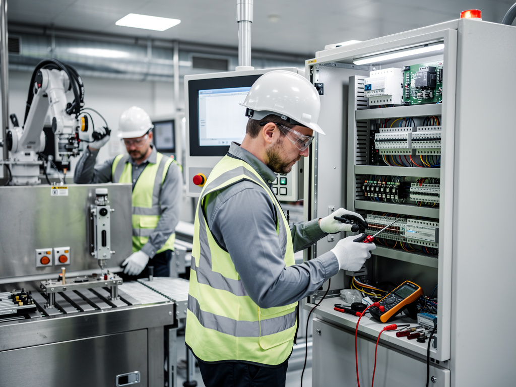 Técnicos industriales con casco revisan un cuadro eléctrico con multímetro en una fábrica automatizada