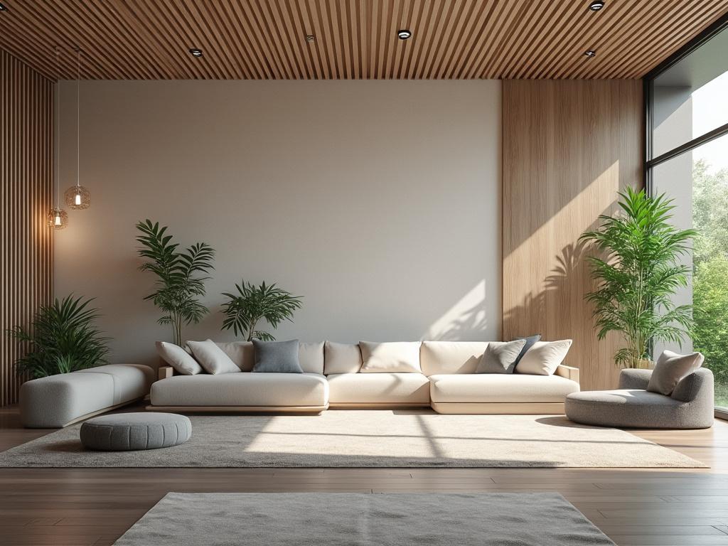 Sala moderna con sofá beige, plantas verdes, techo de madera y gran ventana con vista exterior.