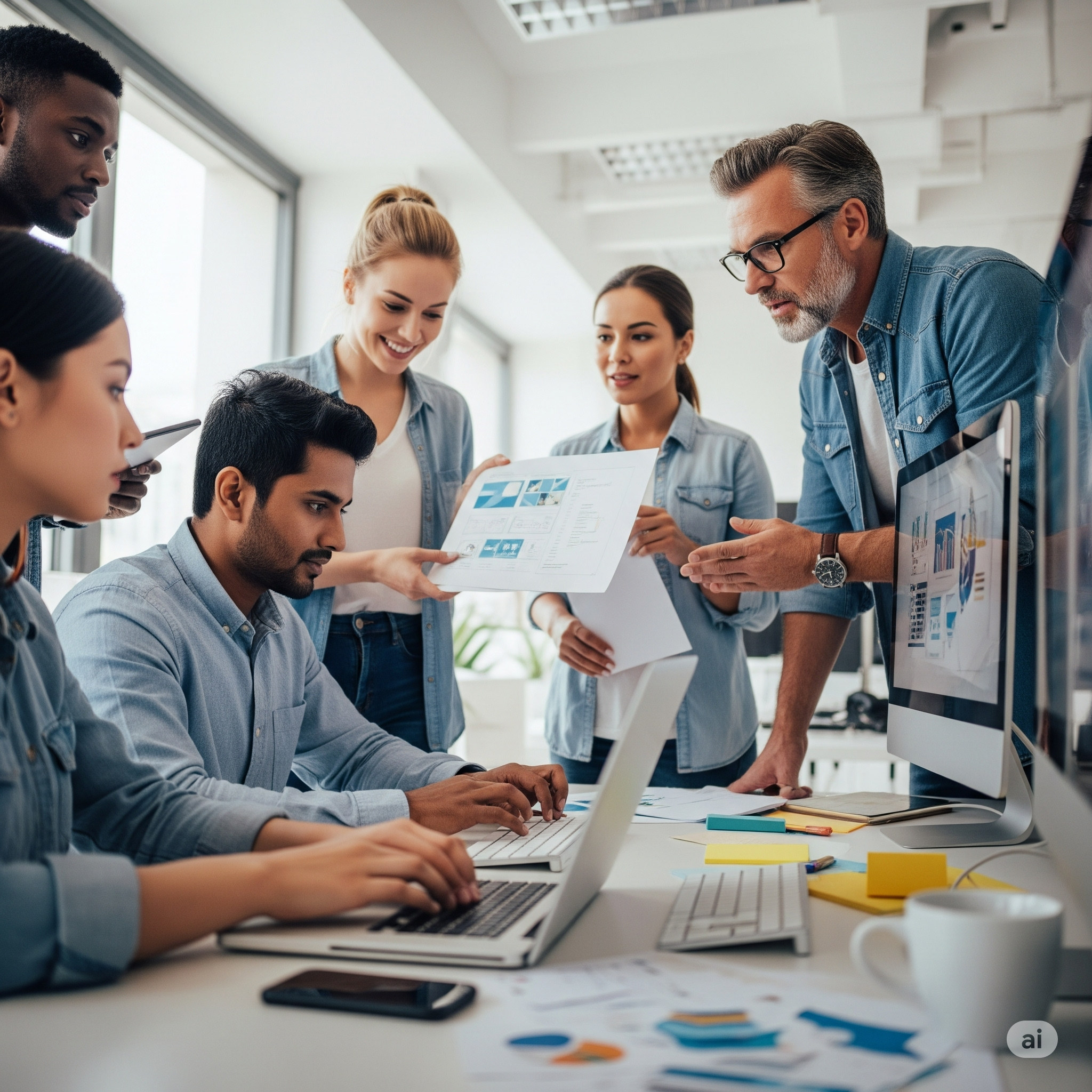 Equipo de trabajo colaborando en un proyecto en la oficina, utilizando computadoras portátiles y revisando documentos impresos.