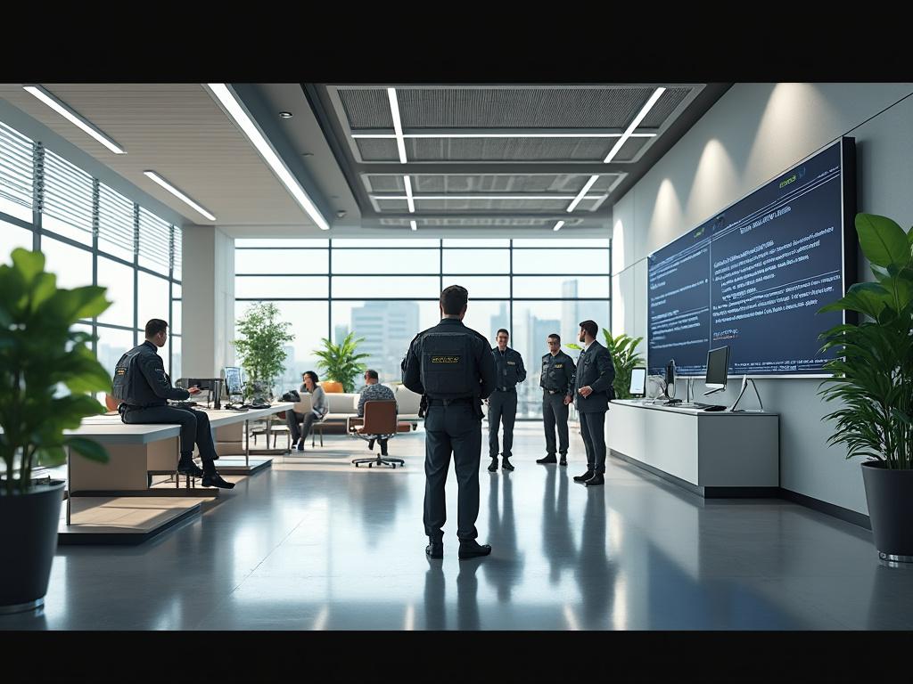 Oficina moderna con personal de seguridad, cinco personas interactuando frente a pantallas grandes y ventanas panorámicas, plantas en macetas decoran el espacio.