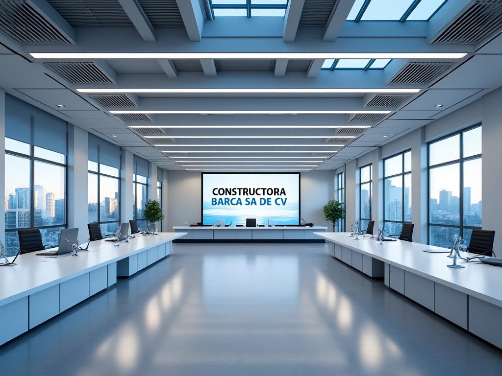 Moderna sala de reuniones con escritorios blancos, sillas negras, macetas verdes y pantalla con el texto 'CONSTRUCTORA BARCA SA DE CV'.