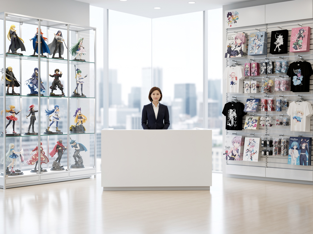 Tienda de anime moderna con dependienta en mostrador, vitrinas de figuras coleccionables y estantes de merchandising manga
