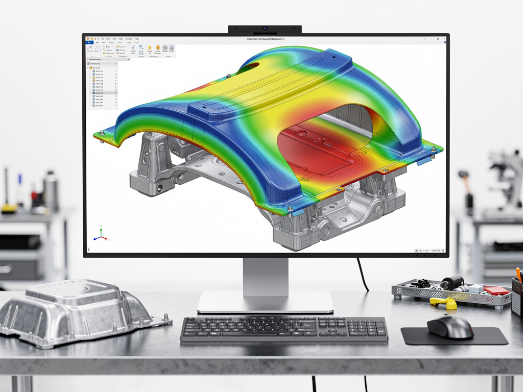 Monitor con software CAD mostrando simulación de análisis estructural de pieza automotriz en taller de ingeniería