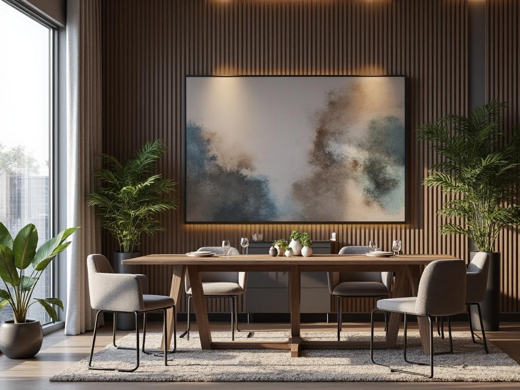 Comedor moderno con mesa de madera, sillas grises, plantas y cuadro abstracto en pared de paneles.