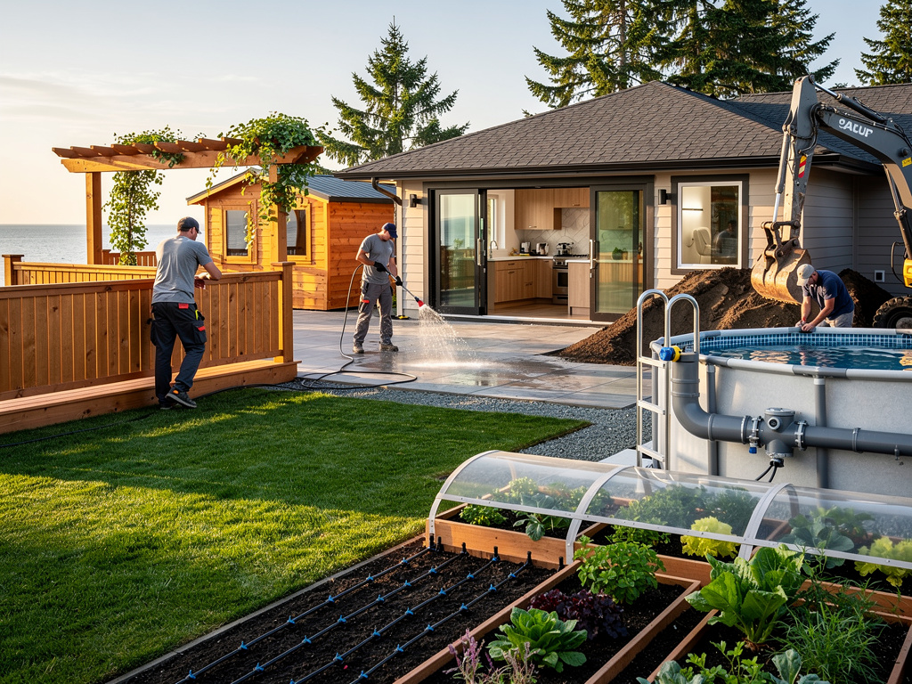 Landscapers renovating modern backyard with pool, patio, garden beds, lawn, wooden deck and excavator by lakeside home Landscapers renovating modern backyard with pool, patio, garden beds, lawn, wooden deck and excavator by lakeside home