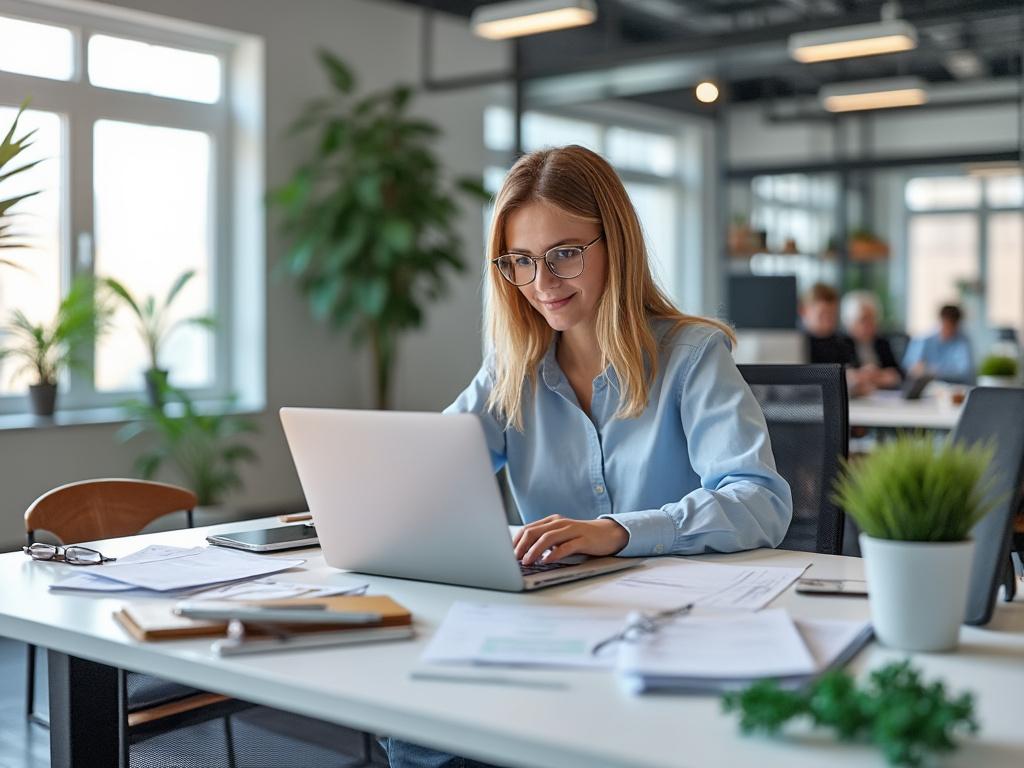 Mujer sonriendo trabajando en una oficina moderna con computadora portátil, plantas y documentos en la mesa.