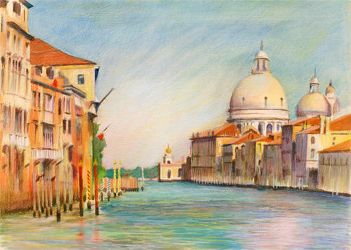 Salute from the Accademia Bridge (Watercolour and Coloured Pencil 11.75 x 16.5")