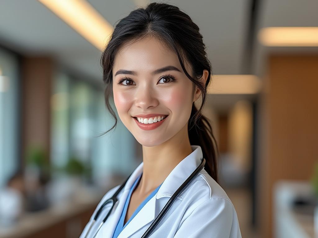 Médico sonriente con bata blanca y estetoscopio en un entorno hospitalario.