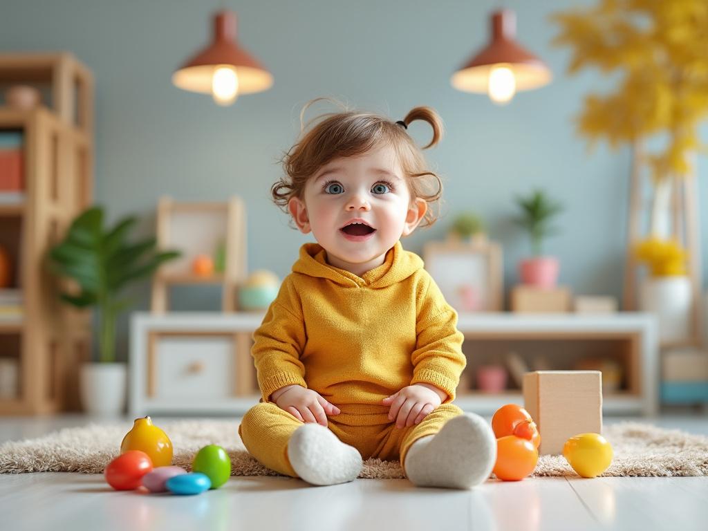 Bebé con suéter amarillo sentado en una sala de juegos con juguetes de colores.