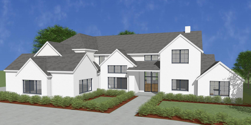 Artwork displaying a large white home