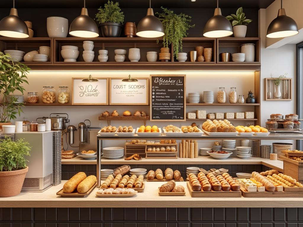 Panadería moderna con variedad de panes y repostería en el mostrador, iluminación cálida y decoración con plantas.