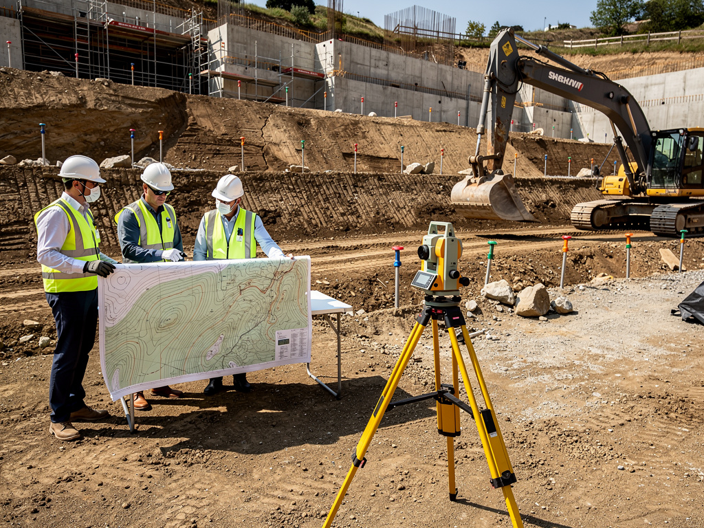 Ingenieros con cascos revisan planos topográficos en obra de construcción con estación total y excavadora