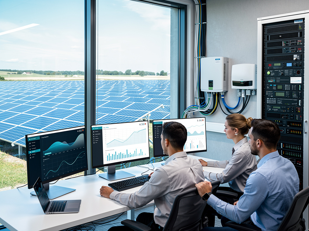 Equipo monitoreando una planta solar con paneles fotovoltaicos, servidores y gráficos de rendimiento energético en pantallas