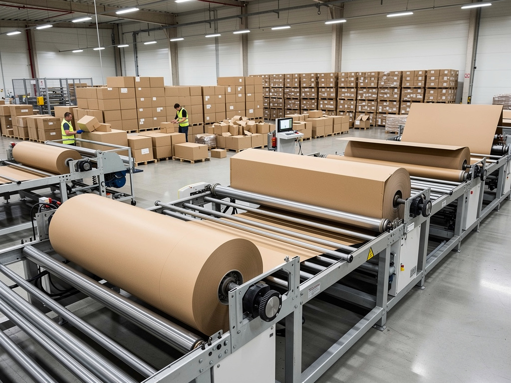 Línea automatizada de embalaje con rollos de cartón, cintas transportadoras y cajas apiladas en almacén industrial