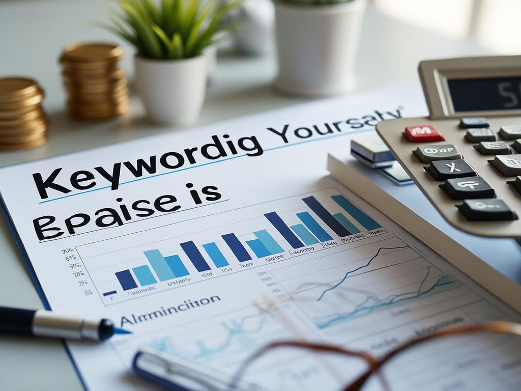 Documentos con gráficos financieros, calculadora y planta en escritorio.