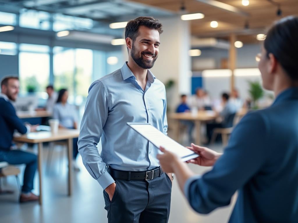A man in a blue shirt smiles while talking to a woman holding a tablet in a modern office setting with colleagues in the background.