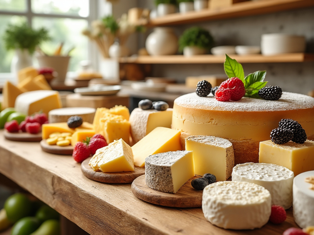 Variedad de quesos gourmet en una mesa con bayas frescas y decoración de hojas verdes.