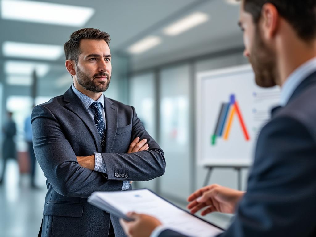 Two business professionals in formal attire discussing documents in an office with a presentation board in the background.