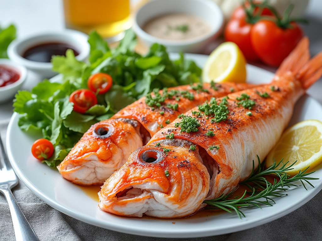 Plato de pescado asado con perejil, rodajas de limón, hierbas y ensalada de hojas verdes y tomates cherry.