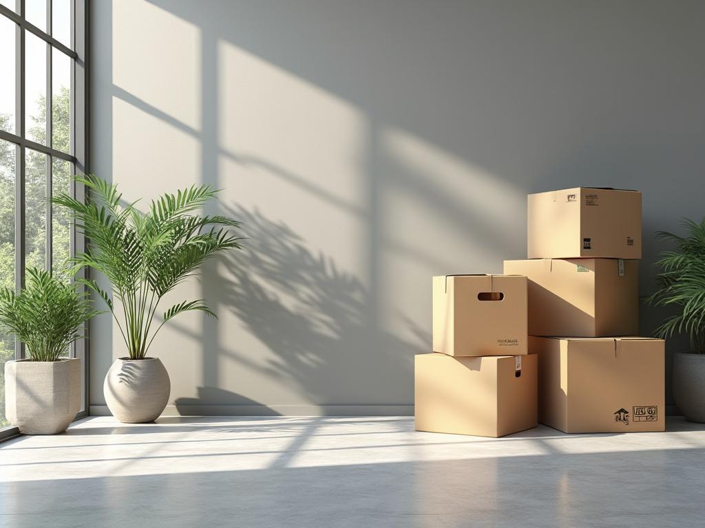 Room with large windows, green potted plants, and stacked cardboard boxes.