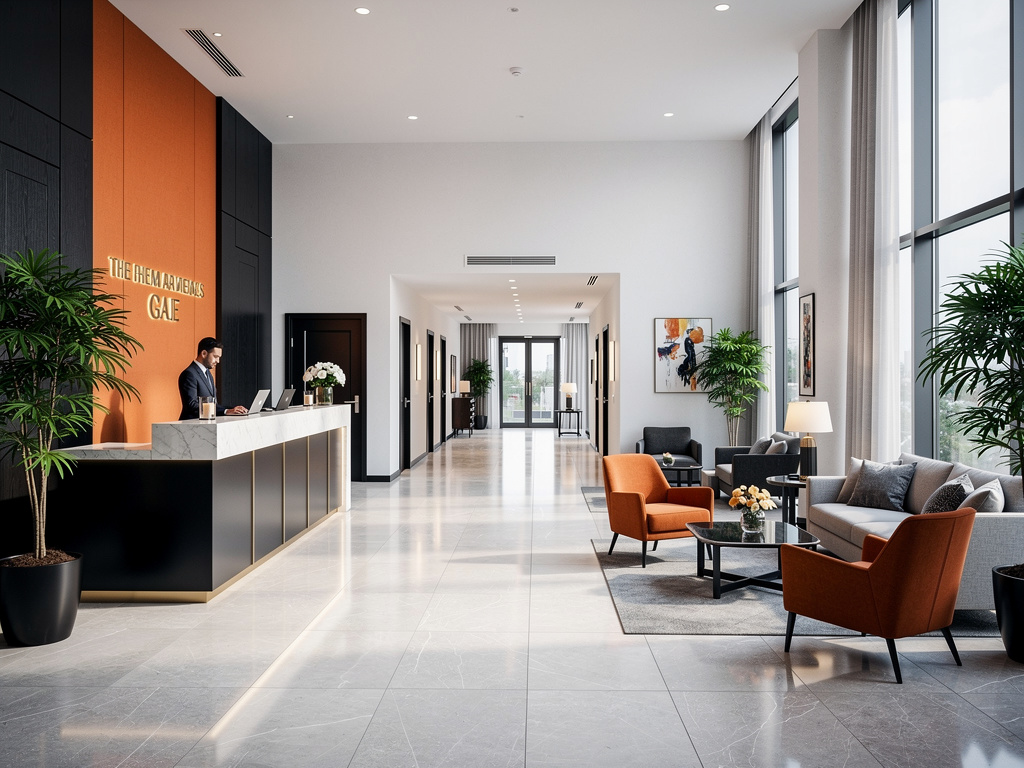 Lobby moderno de hotel con recepción de mármol, zona de espera elegante, grandes ventanales, sillones naranjas y plantas decorativas