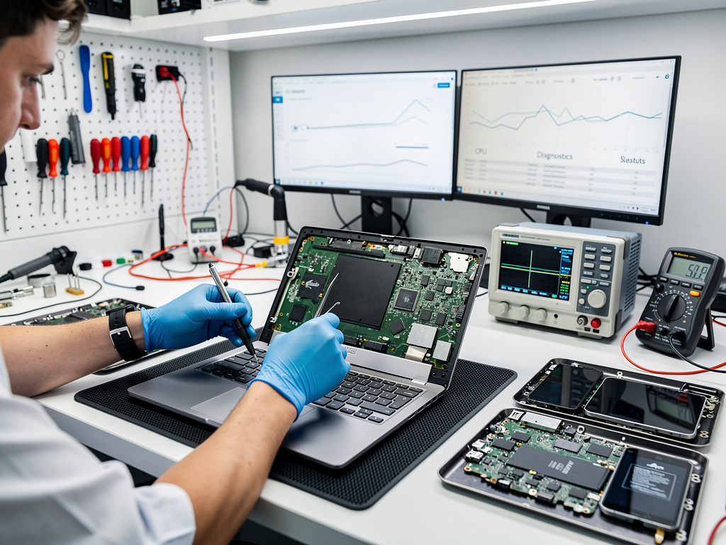 Técnico reparando placa base de portátil en laboratorio de electrónica con osciloscopio, multímetro y monitores de diagnóstico