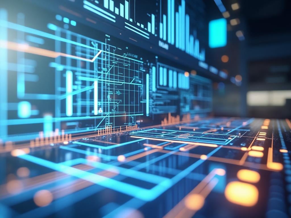 Futuristic digital interface with blue and orange graphs, lines, and data charts on a screen.