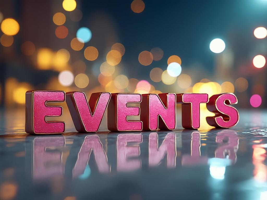 3D pink letters spelling 'EVENTS' with colorful bokeh lights in the background.