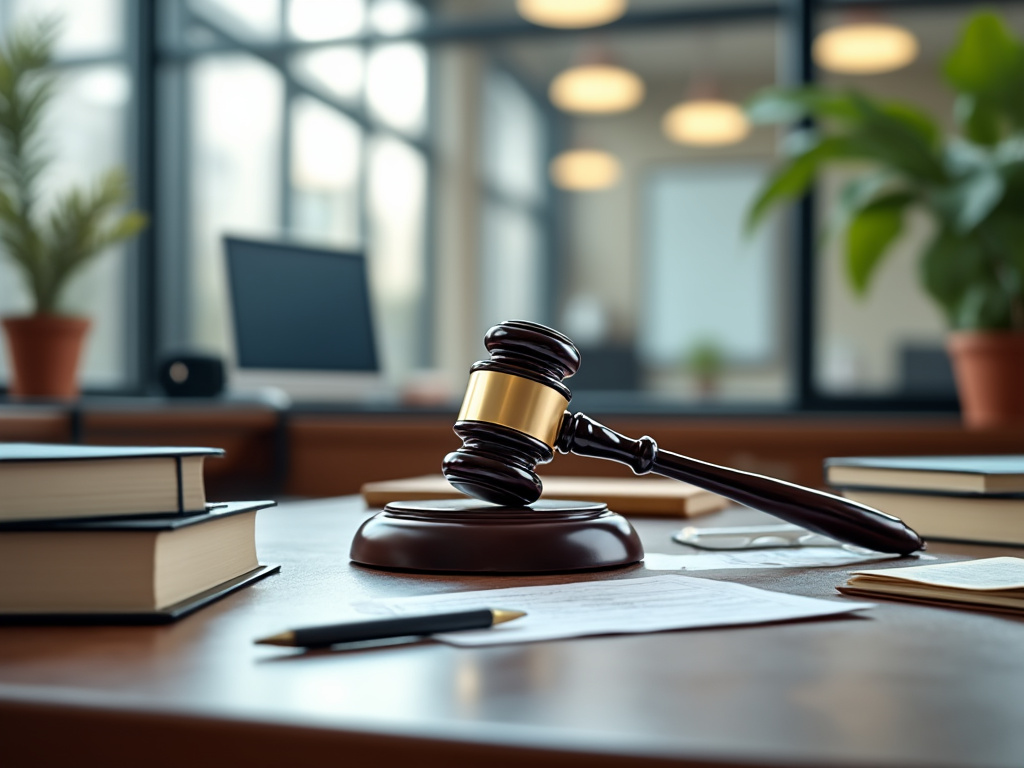 Mazo de juez en un escritorio de oficina, rodeado de libros y documentos, con plantas y ventanas al fondo.