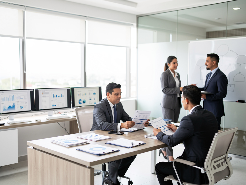 Business professionals reviewing financial reports in a modern office meeting with charts and presentation screens