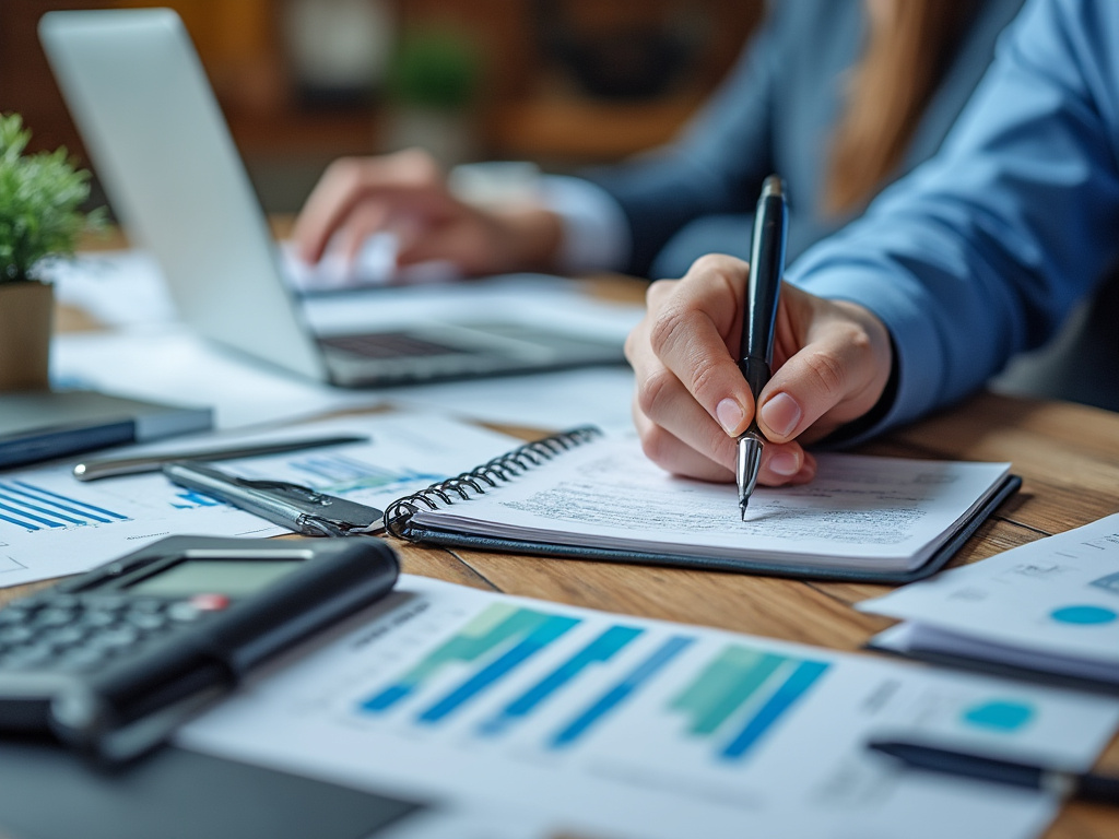 Persona escribiendo en cuaderno junto a computadora portátil y gráficos financieros en una oficina. Persona escribiendo en cuaderno junto a computadora portátil y gráficos financieros en una oficina.