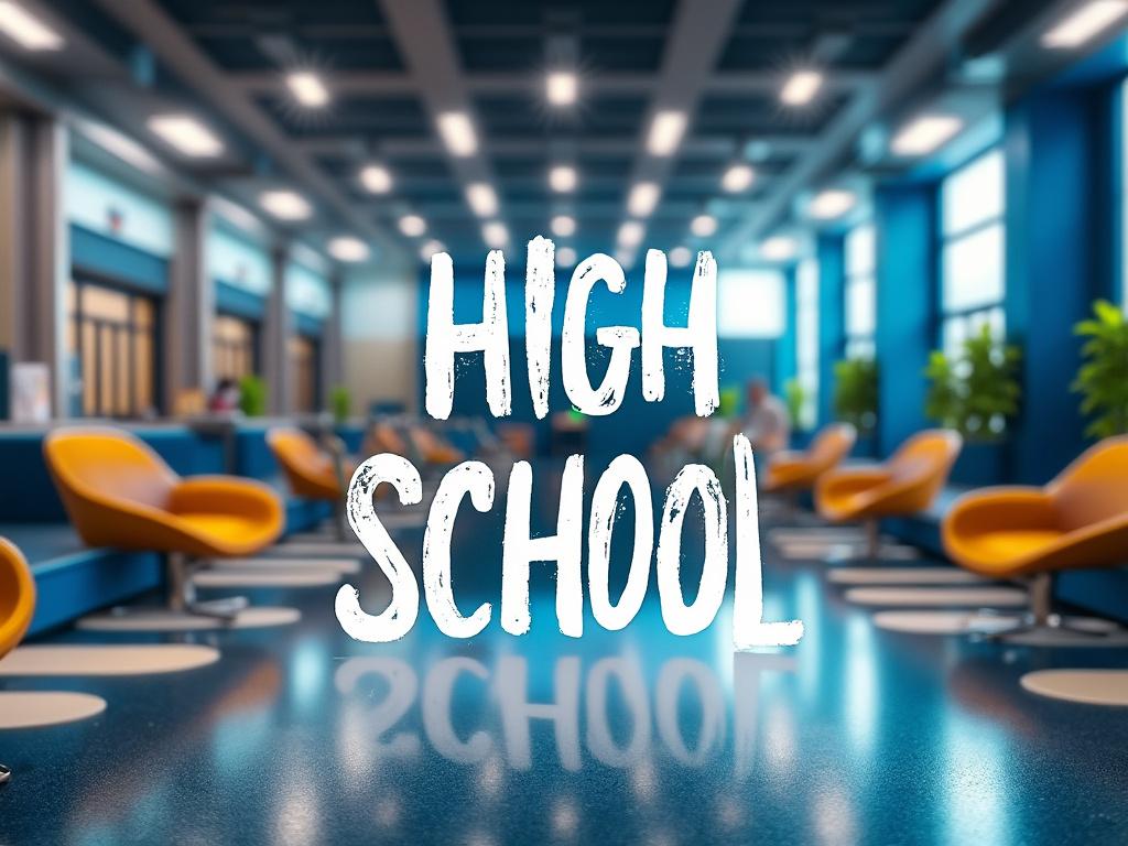 Interior de una escuela secundaria con sillones naranjas y plantas, texto 'High School' en primer plano.