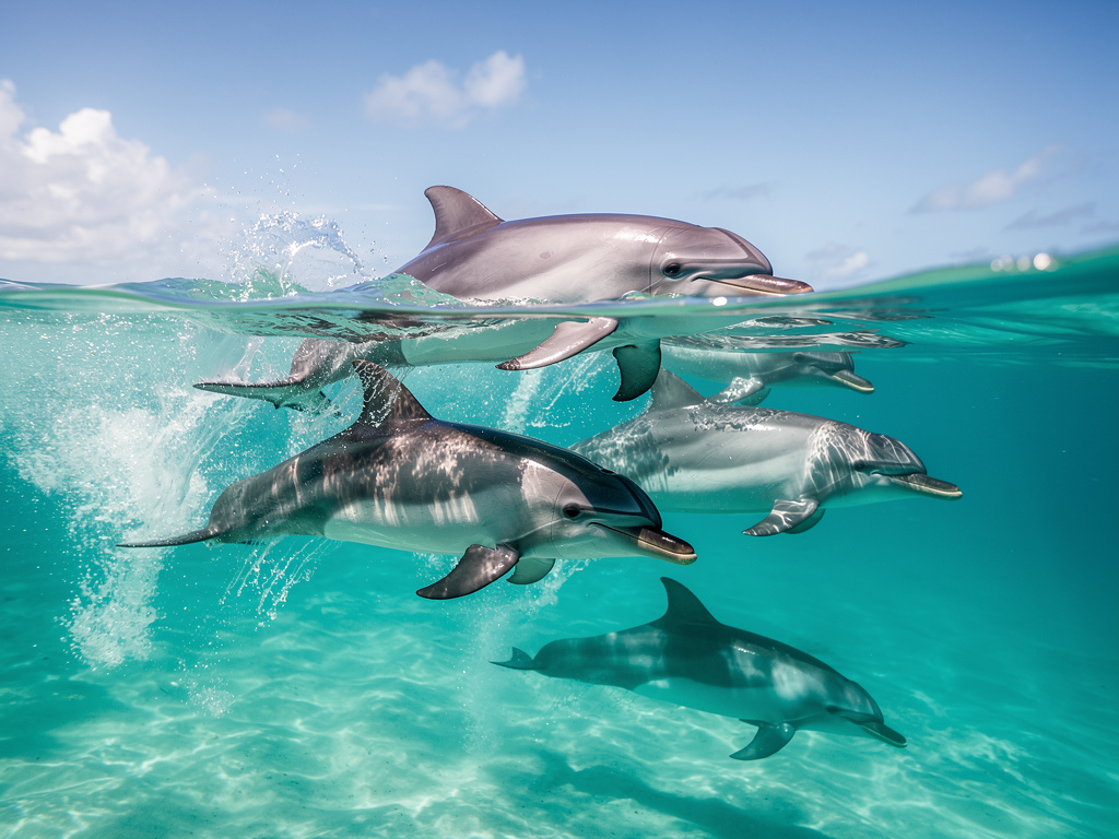 Grupo de delfines nadando en aguas turquesas bajo el cielo azul