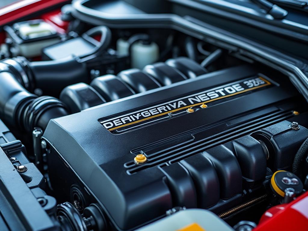 Motor de automóvil con cubierta negra y componentes mecánicos visibles. Motor de automóvil con cubierta negra y componentes mecánicos visibles.