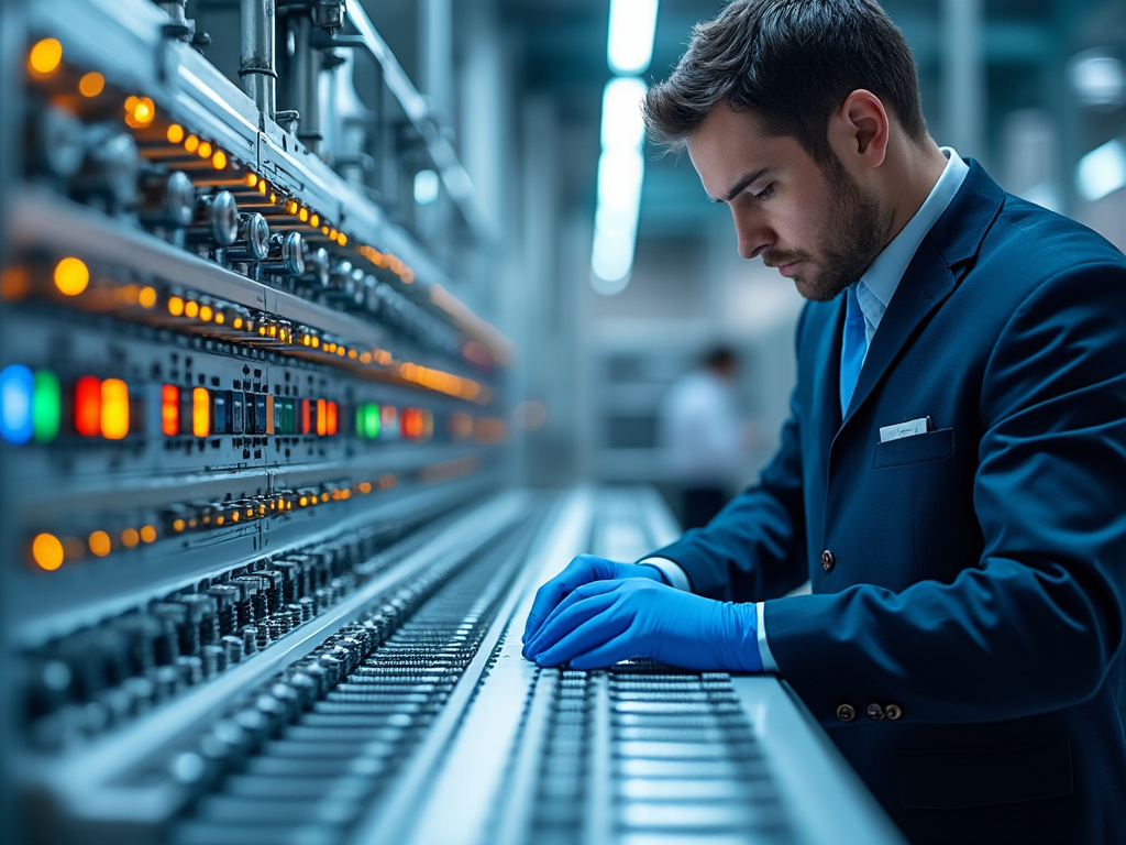 Técnico con guantes azules inspecciona panel de control industrial con luces LED en una planta de alta tecnología