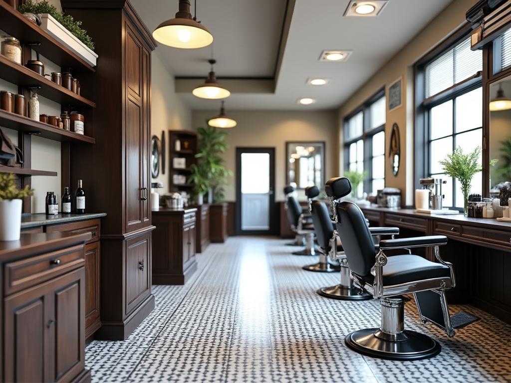 Elegant barbershop interior with vintage barber chairs, wooden cabinetry, and decorative plants.