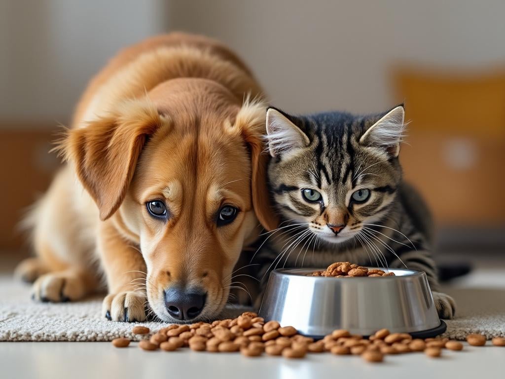 Perro y gato junto a un cuenco de comida para mascotas con croquetas en el suelo