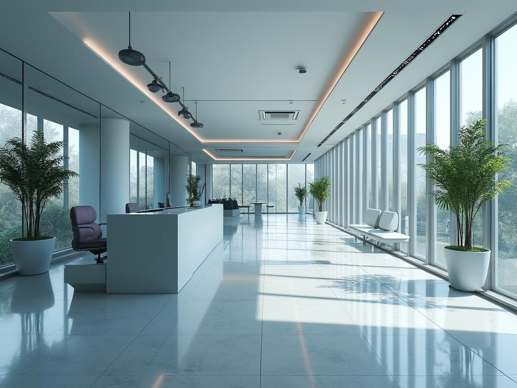 Modern office lobby with glass walls, sleek reception desk, potted plants, and natural lighting.