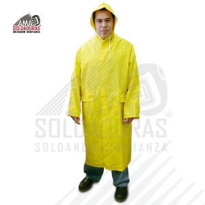 IMPERMEABLE / GABARDINA
Categoría: Otros
Talla: G/LL
Descripción: Impermeable amarillo de 35 milésimas de espesor y de 49” de largo capucha integrada, dos bolsas laterales con cartera o solapa, broches ajustables en las muñecas, costuras selladas con ultrasonido y broches de plástico ocultos cartera o solapa, cuenta con ventilación en la zona axilar y espalda. Ideal para trabajos a la intemperie en condiciones de lluvia o bien en lugares en donde haya exposición al agua.
