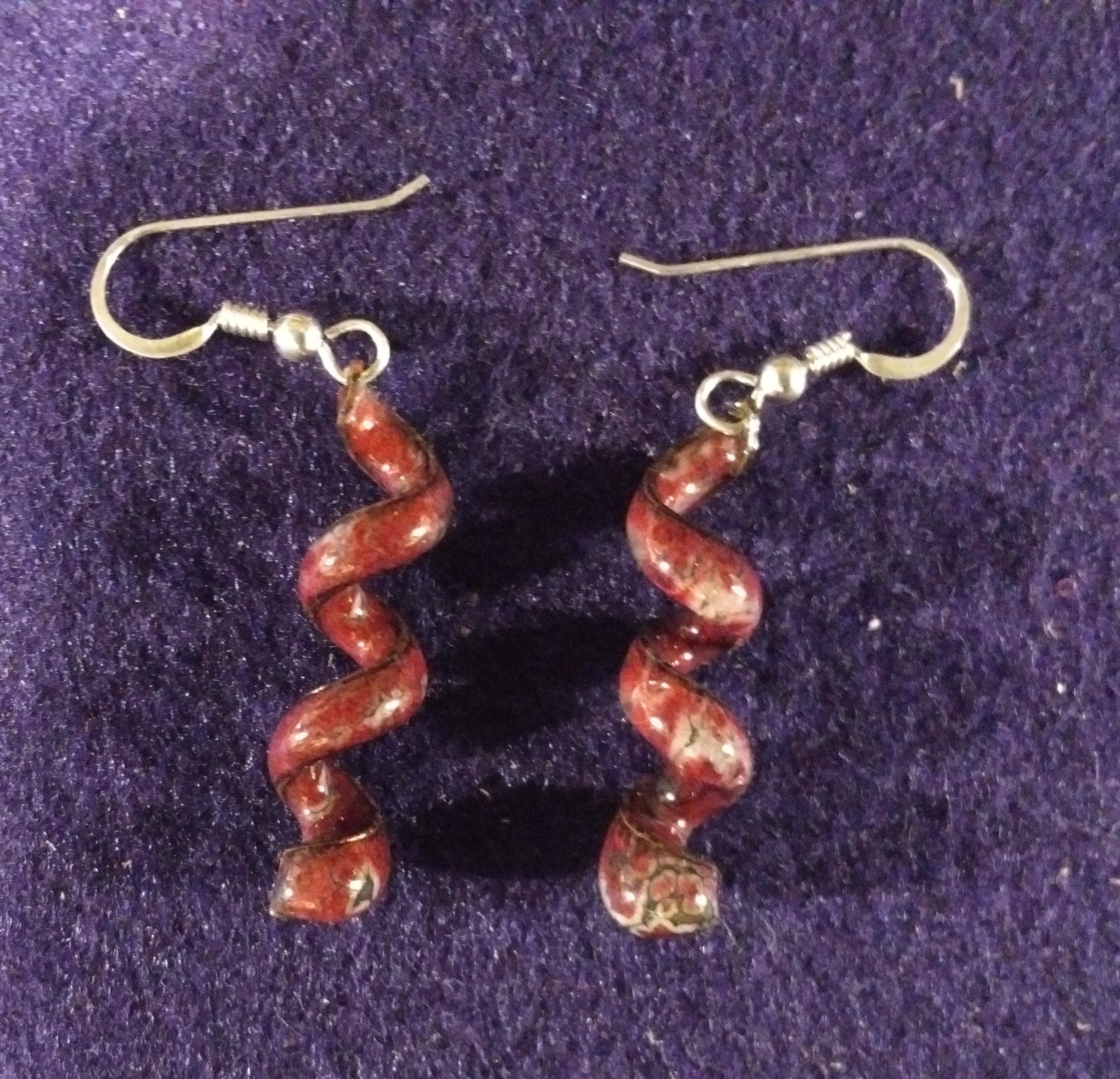 JE001-01 HELIX EARRINGS RUBY Torch Fired Copper Enamel with sterling earwires 43mm