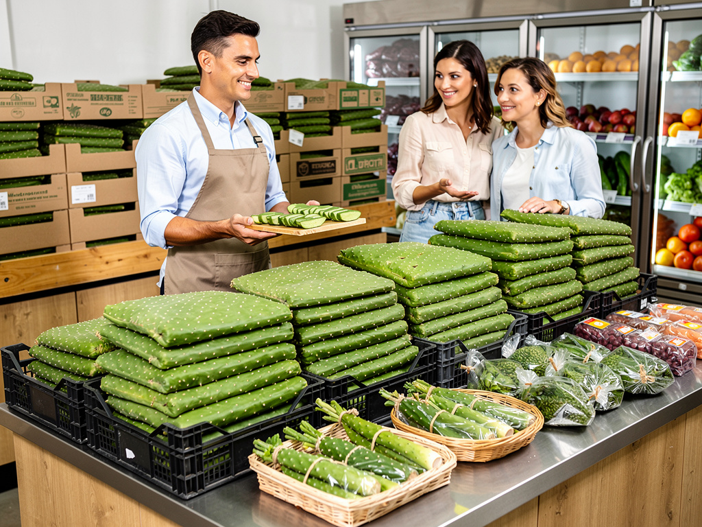 Vendedor mostrando nopales frescos a dos clientas en tienda de verduras y productos orgánicos