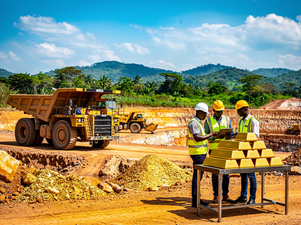 Mining engineers inspecting gold bars at open-pit mine with haul truck and excavation site